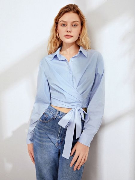 

drop shoulder wrap tie front crop blouse 33vh#, White