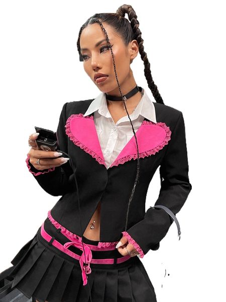 

heart patched lace trim blazer i9t0#, White