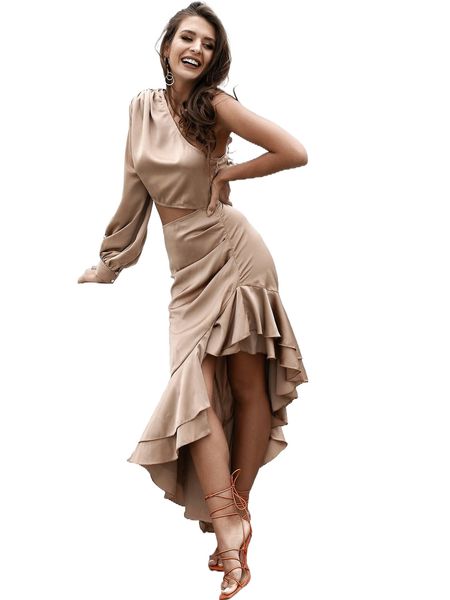 

love&lemonade one shoulder cut-out ruffle asymmetrical hem dress g9kd#, Black;gray