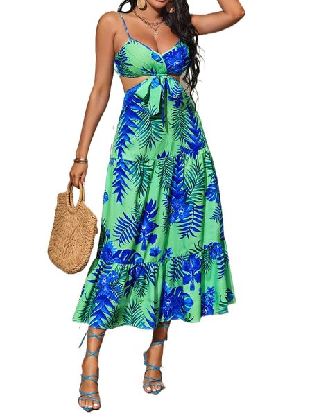 

tropical print cut out tie front ruffle hem cami dress i47w#, Black;gray