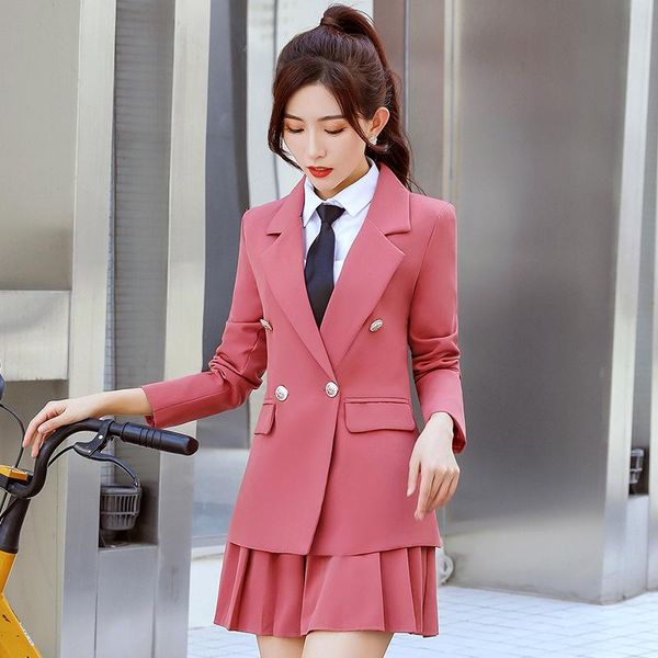 

two piece dress women's suit skirt two-piece 2022 autumn double-breasted ladies jacket waist pleated, White