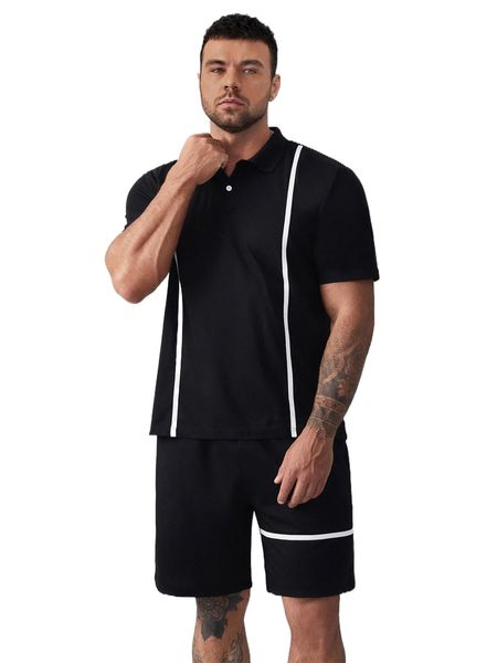 

extended sizes men striped print polo shirt & shorts x3kt#, Gray