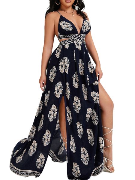

floral print lace up backless slit thigh cami dress 42pg#, Black;gray