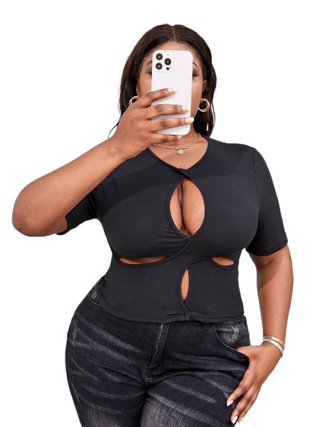 

sxy plus solid cut out tee s084#, Black