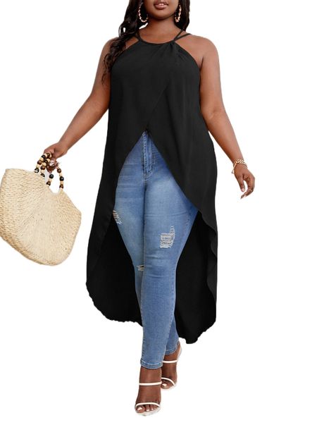 

sxy plus wrap high low hem criss cross back g9id#, Black