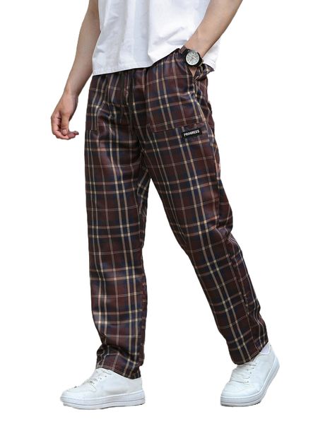 

men tartan print letter patched detail drawstring waist pants p2lm#, Black