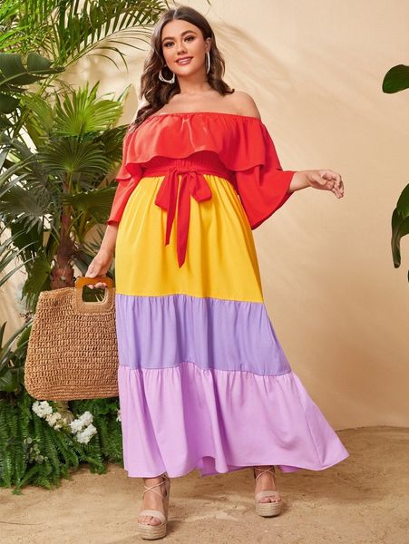 

plus colorblock flounce sleeve smock belted dress 76bs#, Black