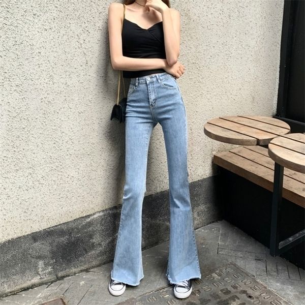 

wqjgr spring and summer elastic high waisted jeans women flare pants full length mom jeans blue and black pants women 210302