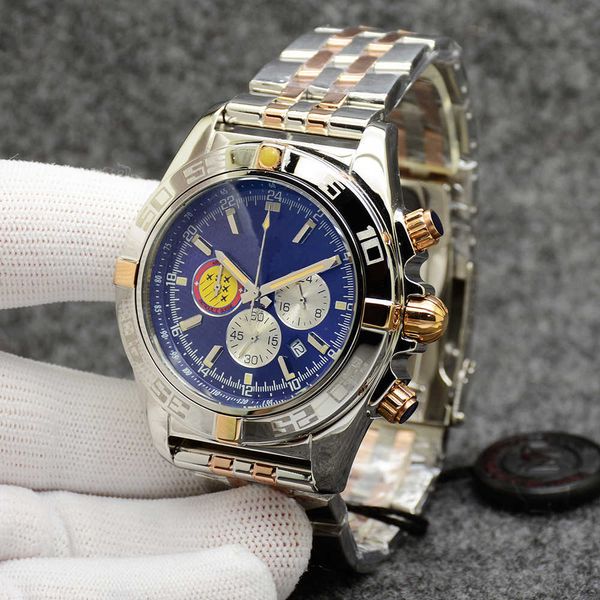 

air chronomat patrouille watch quality navitimer chronograph quartz two tone blue dial 50th anniversary men watch steel strap mens, Slivery;brown