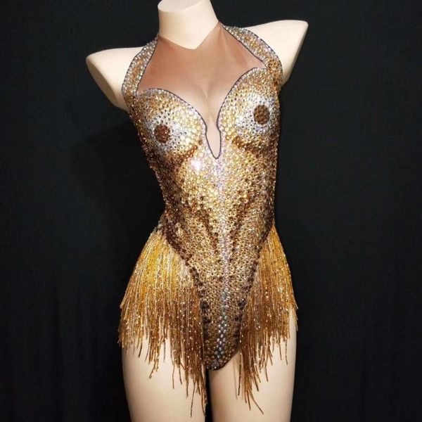 Pantaloni da due pezzi da donna Sexy Gold Gold Rhinestone Tassel Bodysuits Donne Stretch Dancer Crystal Fringes Leotard Nightclub ShowGirl Stage Stage Perform