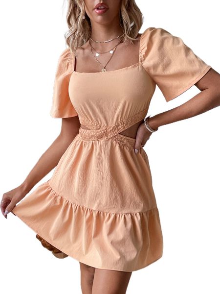 

s.hirred c.ut o.ut r.uffle h.em d.ress o2it#, Black;gray