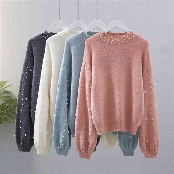 

solid lantern sleeve beading sweater women oneck long sleeve winter jumper loose casual knitwear female pullovers white sweater 210412, White;black