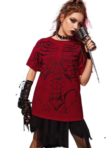 

romwe punk rock skeleton print drop shoulder tee v7jr#, White