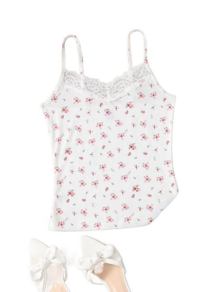 

ditsy floral lace trim cami r6k9#, White