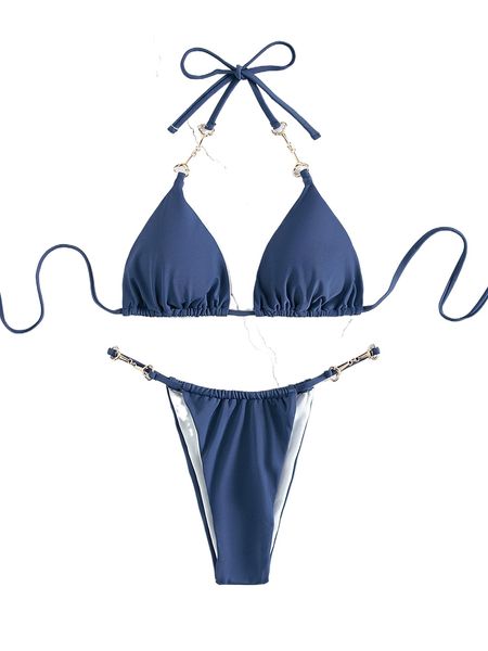 

chain detail halter triangle thong bikini swimsuit e1ym#, White;black