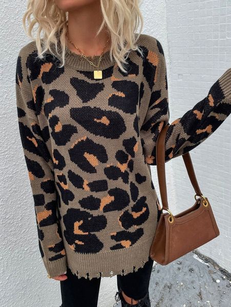 

leopard pattern drop shoulder asymmetrical hem sweater 10nc#, White;black