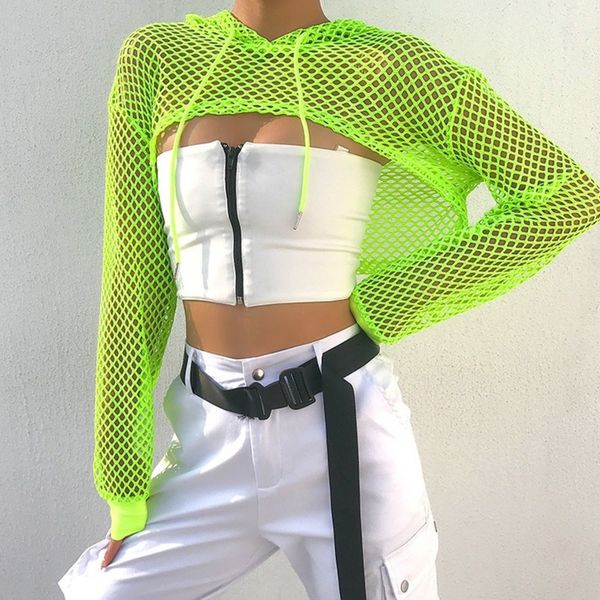 

spring streetwear neon green mesh fishnet women tshirt perspective long sleeve women's t-shirts cropped shirt, White