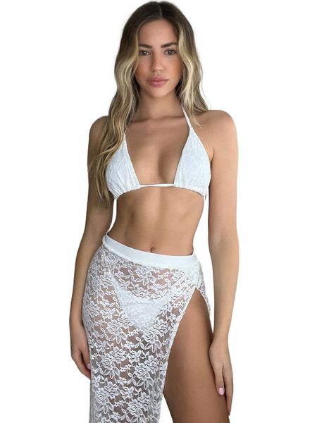 

floral lace halter triangle bikini swimsuit with beach skirt j6tk#, White;black