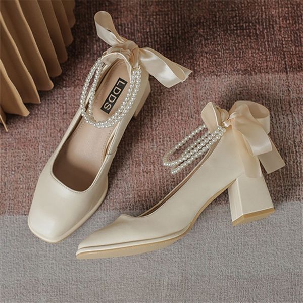 

ladies high heels elegant bow square toe black fashion thick heel wedding party pearl lace shoe 220721