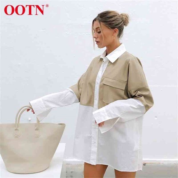

ootn splicing leather shirt woman long sleeve pocket ladies blouse casual chic elegant female fashion autumn winter 210326, White