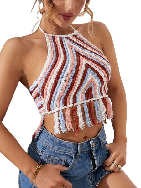 

colorful striped pattern tassel hem halter knit c605#, White;black