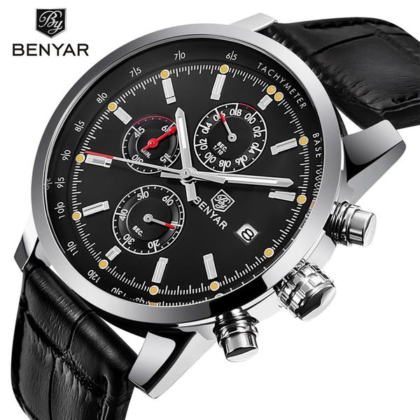 

benyar new fashion chronograph genuine leather sport mens watches brand luxury military quartz watch clock relogio masculino254w, Slivery;brown