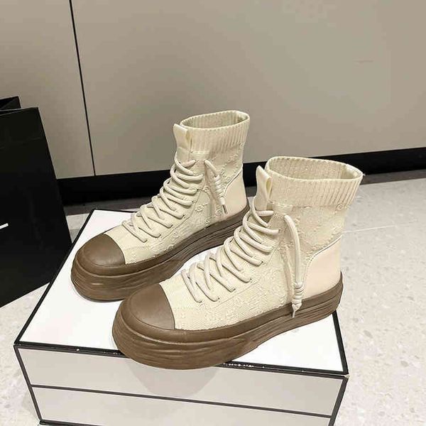 

flying woven high shoes women 2022 new fashion versatile martin casual breathable lace up thick bottom elastic socks boots, Black