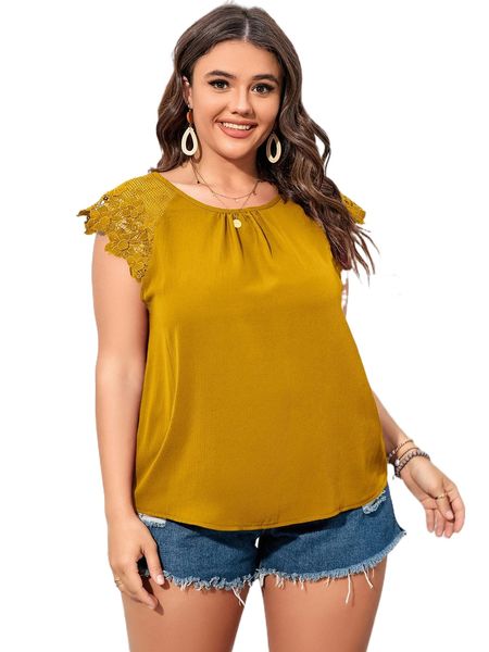 

plus solid contrast lace raglan sleeve blouse n7u3#, Black