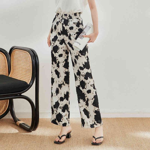 

women's pants capris white cow printed wide leg pants summer loose casual high waist hanging straight tube and thin, Black;white