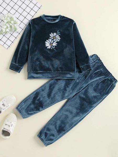 

toddler girls floral embroidery velvet pullover & sweatpants she, White