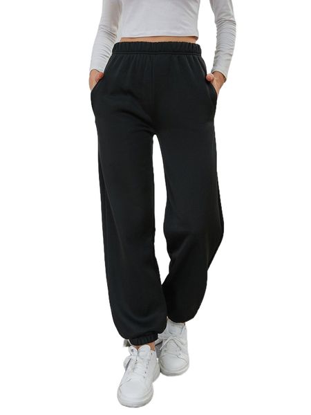 

solid elastic waist slant pocket sweatpants 636u#, Black;white