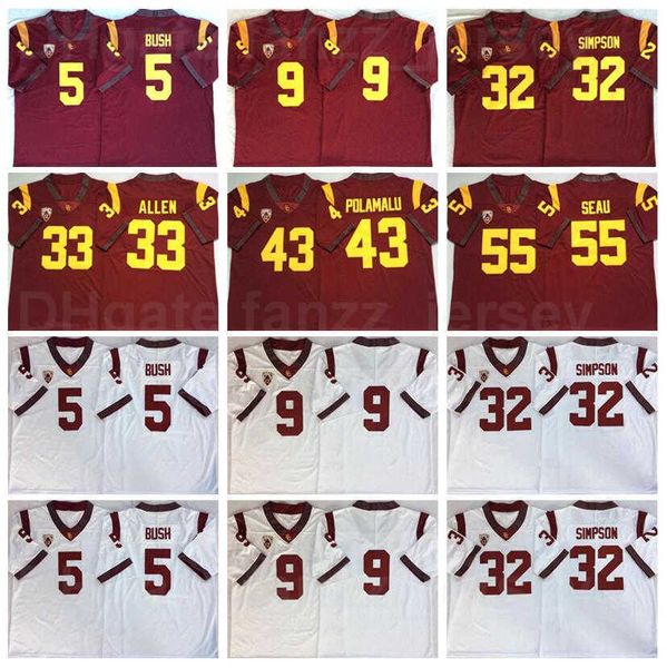 NCAA College Football USC Trojans Maglie 5 Reggie Bush 9 JuJu Smith-Schuster 32 OJ Simpson 33 Marcus Allen 43 Troy Polamalu 55 Junior Seau University Team Rosso Bianco