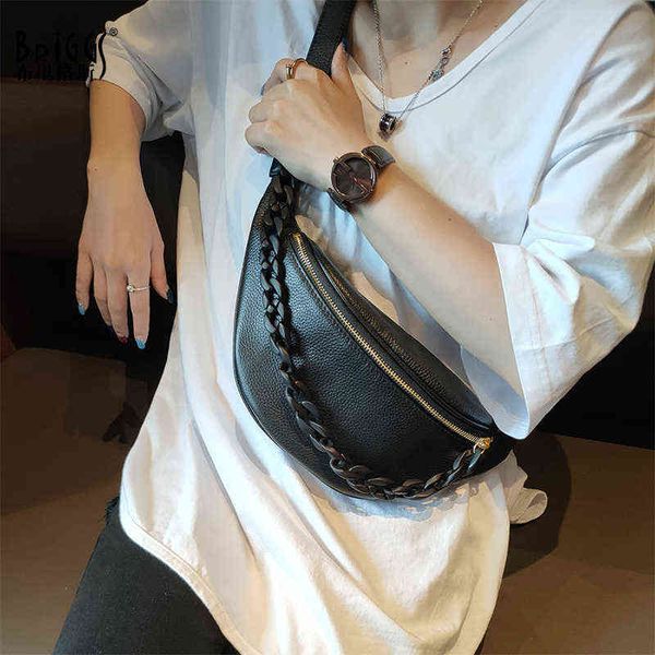 

fashion black acrylic necklaces chest bags women designer real leather crossbody bag zip pocket money phone pack belt bag 220531