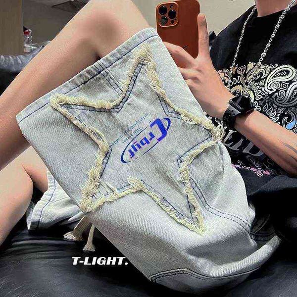 

youth fashion trend ins capris men's japanese fashion summer jeans temperament new high waist lazy t220726, Blue