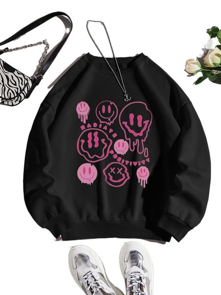 

expression print drop shoulder sweatshirt l6az#, Black