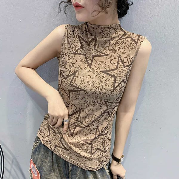 

autumn new fashion printed letters sleeveless half high neck t-shirt women's slim summer 2022 vests camisole, White