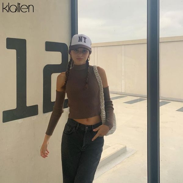 

casual t shirt for women autumn new streetwear wild basic fashion solid rib knit tee streetwear removable sleeves, White
