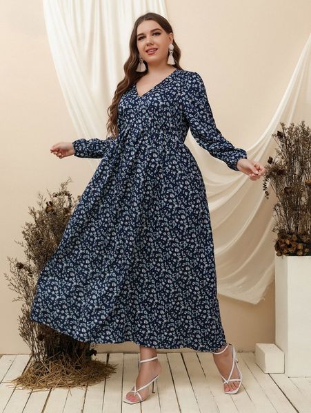 

plus allover print v neck dress e15x#, Black