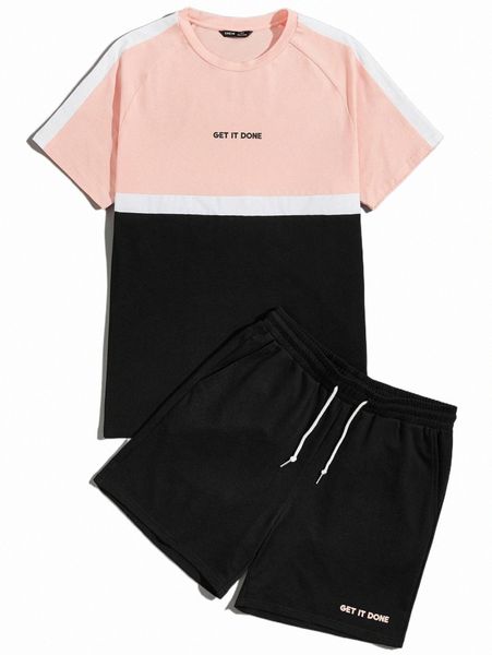 

men raglan sleeve slogan graphic colorblock & track shorts set z1od#, Gray