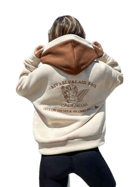 

slogan & angel embroidery drop shoulder drawstring hoodie p7qr#, Black