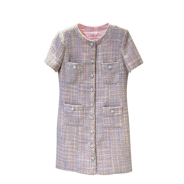 

autumn round neck tweed panelled dress pink solid color sleeve pockets short single-breasted casual dresses, White;black