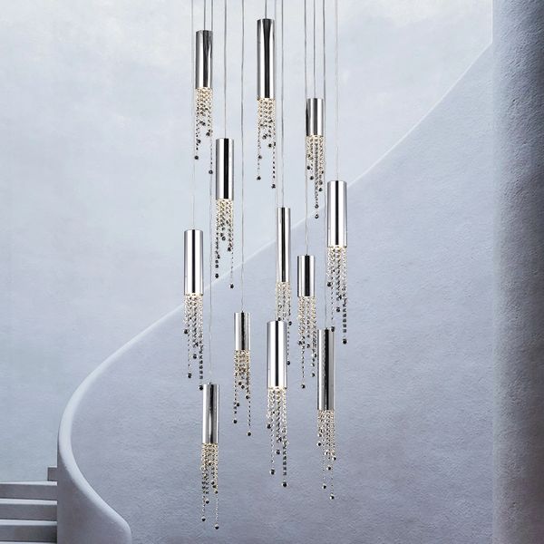 Lampade moderne lampadario a scala lunga lampadario a catena cromata a led decorazioni per la casa luci nappa in argento cristal sala da pranzo lampada a sospensione a filo