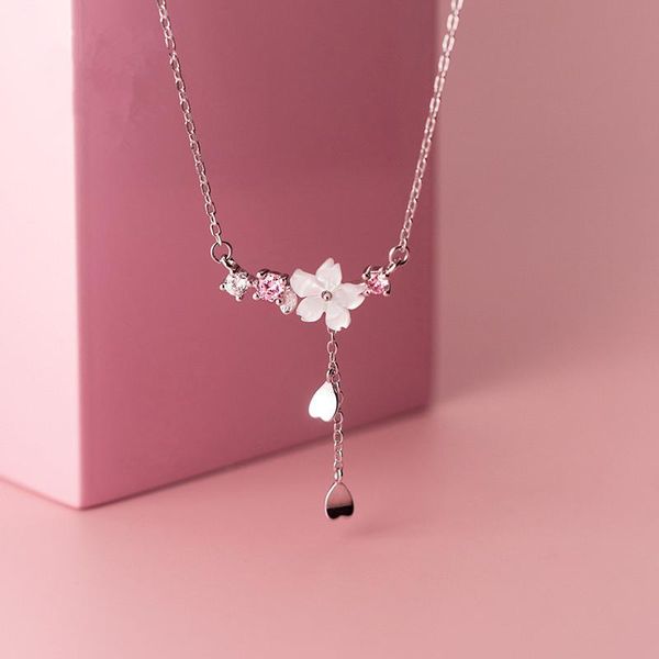 Anhänger Halskette Einfache kubische Zirkonrosa Kirschblüten Quasten Halskette für Frauen Mädchen Blume 925 Sterling Silber Schmuckpendant