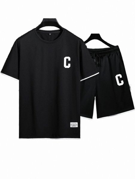 

men letter graphic contrast trim tee & drawstring waist shorts w5zl#, Gray