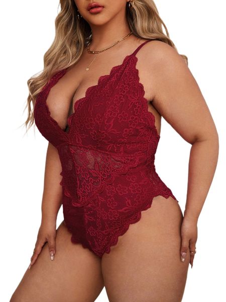 

plus floral lace scallop trim cross back teddy bodysuit e2pd#, Black;white