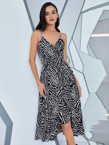 

zebra striped ruffle wrap hem belted cami dress x95c#, Black;gray