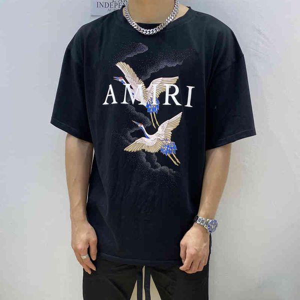 

summer crane print casual short-sleeved tees men women loose high street ins trend brand round neck cotton t-shirt, White;black