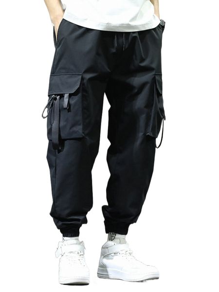 

men flap pocket contrast tape pants k822#, Black