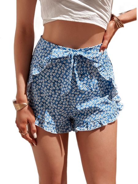 

ditsy floral ruffle trim tie front wide leg shorts 80al#, White;black