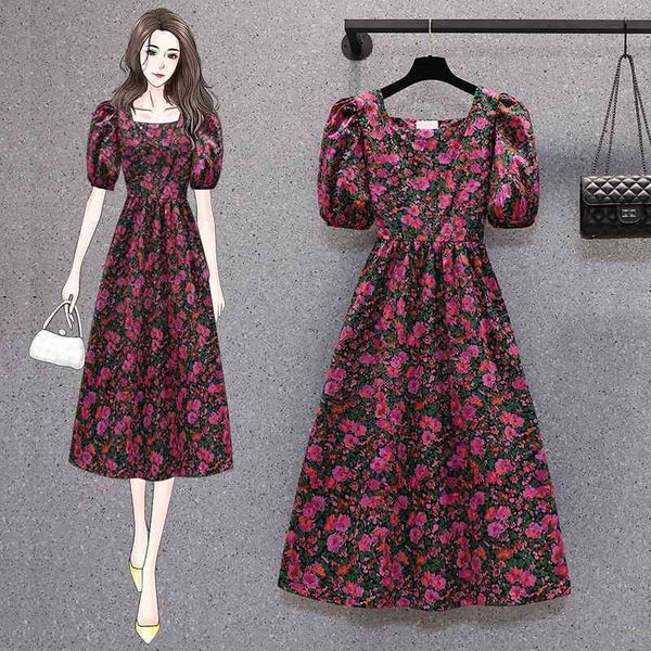 

vintage puff sleeve long floral holiday dress vestidos women summer elegant square collar casual aline midi robe 210526, Black;gray